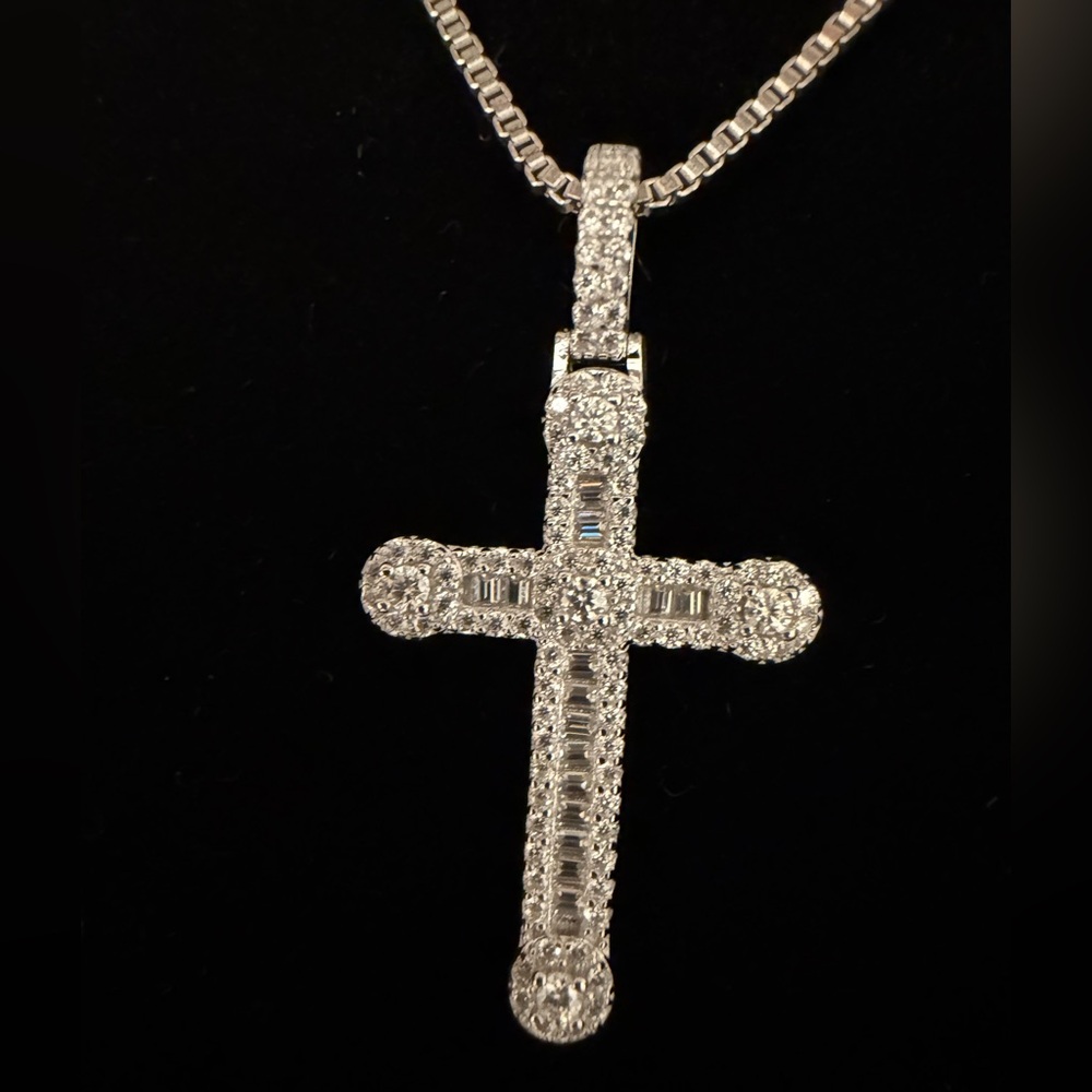 Sterling Silver Cross Pendant Necklace with Baguettes - Picture 3 of 5
